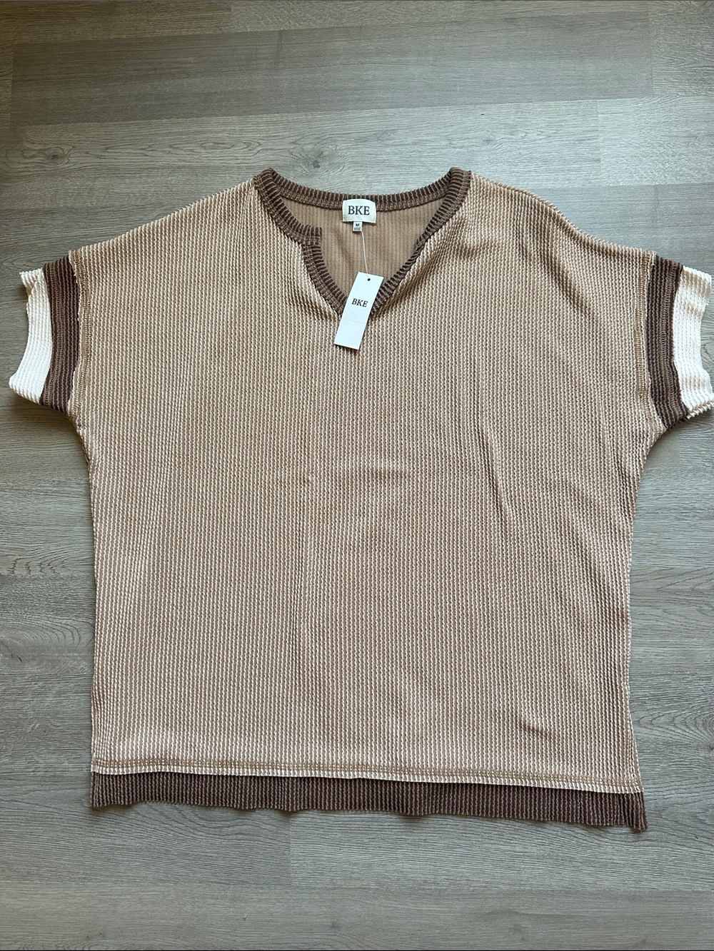 BKE Short Sleeve Tan Knit Top with Brown & Cream Trim